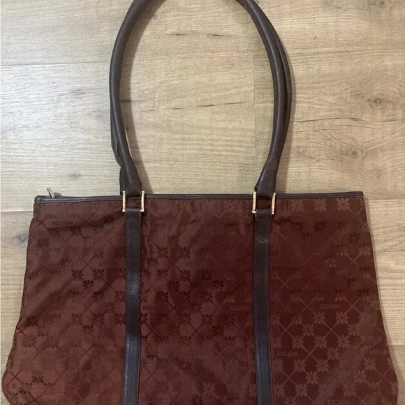 Vintage Escada Tote Bag Purse Canvas Leather Trim Brown Embossed Daisy Flower - Picture 2 of 10